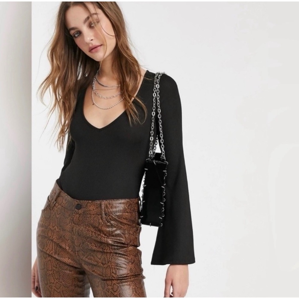 Intimately Free People Black Ribbed Bell Sleeve V-Neck Bodysuit Small